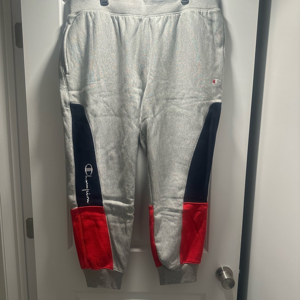 Champion Men's Gray Joggers with Red and Navy Panels